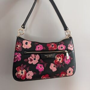 Kate Spade Pebbled Leather Black, Pink & Red Floral Shoulder Bag Poppy Flowers